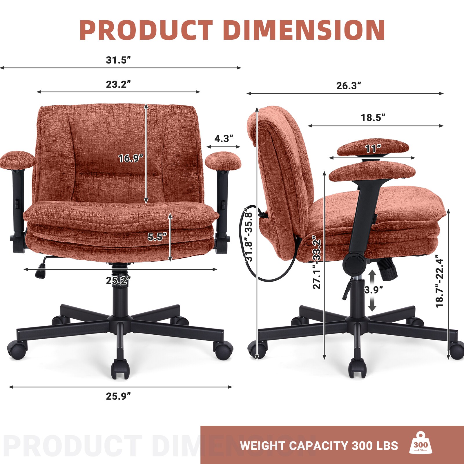 Criss Cross Chair With Wheels And Flip Arms, Upholstered Cross Legged Office Chair With 3 Layer Cushions&Dynamic Airbag Lumbar Support, Wide Seat Comfy Desk Chair For Home Office, Living Room, Orange_maomaolike.com